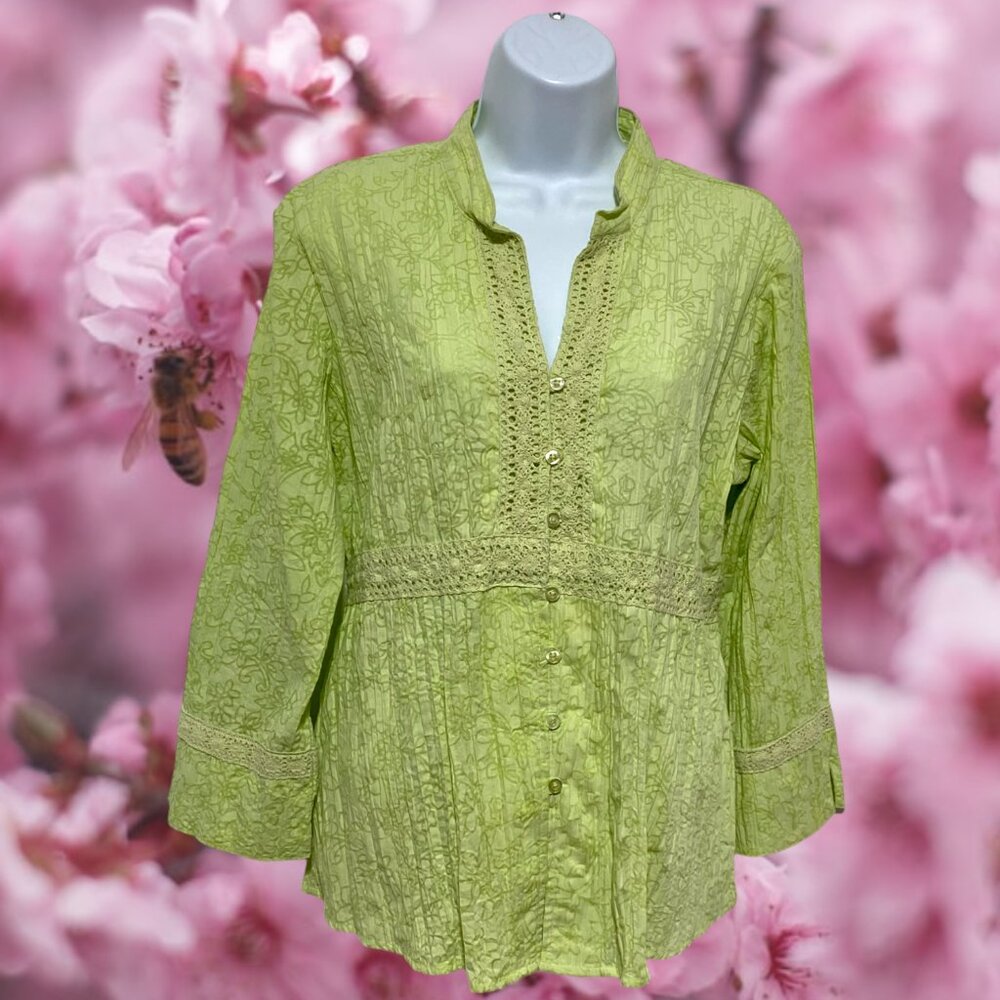 ALC-Women's Large Top Light Green Button Down Tie Back Floral Light Weight